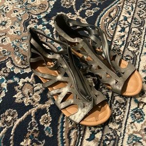 silver strappy sandals with zip up in the front